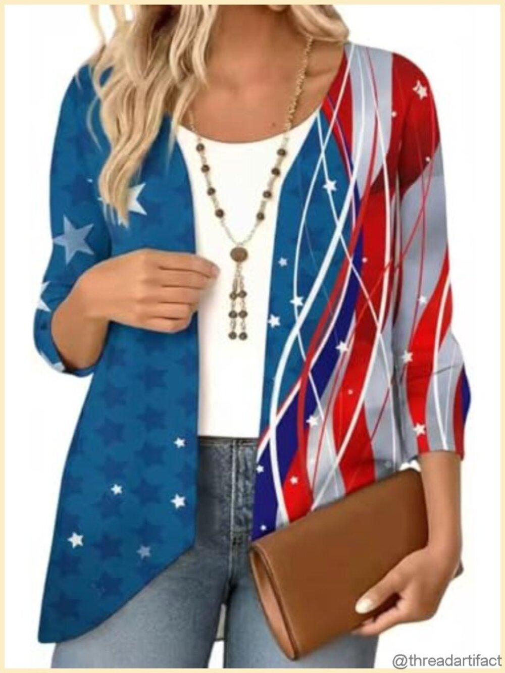 Womens 3/4 Sleeve America Flag Patriotic Kimono Cardigan Cover Up